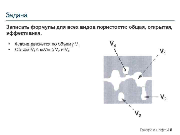 Задача Записать формулы для всех видов пористости: общая, открытая, эффективная. • • Флюид движется