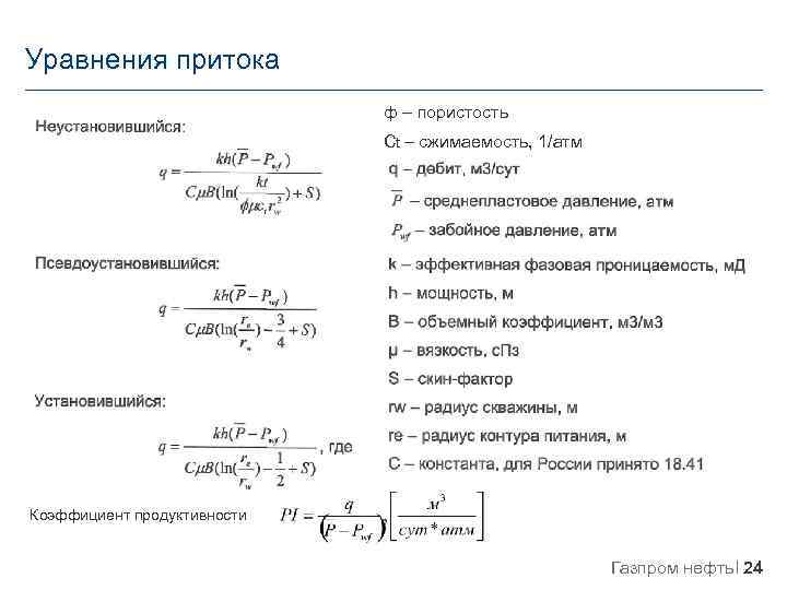 Уравнения притока ф – пористость Сt – сжимаемость, 1/атм Коэффициент продуктивности Газпром нефть 24