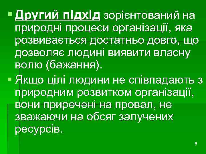 § Другий підхід зорієнтований на природні процеси організації, яка розвивається достатньо довго, що дозволяє