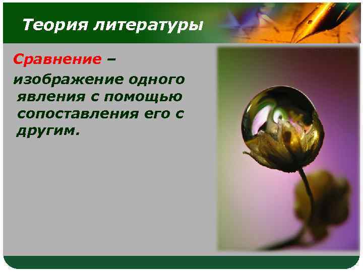Теория литературы Сравнение – изображение одного явления с помощью сопоставления его с другим. 