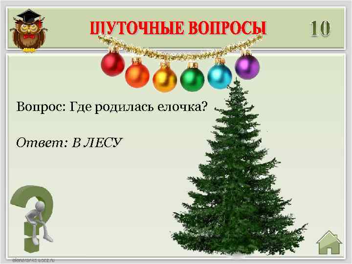 Вопрос: Где родилась елочка? Ответ: В ЛЕСУ 