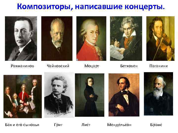 Композиторы, написавшие концерты. Рахманинов Чайковский Моцарт Бетховен Паганини Бах и его сыновья Григ Лист