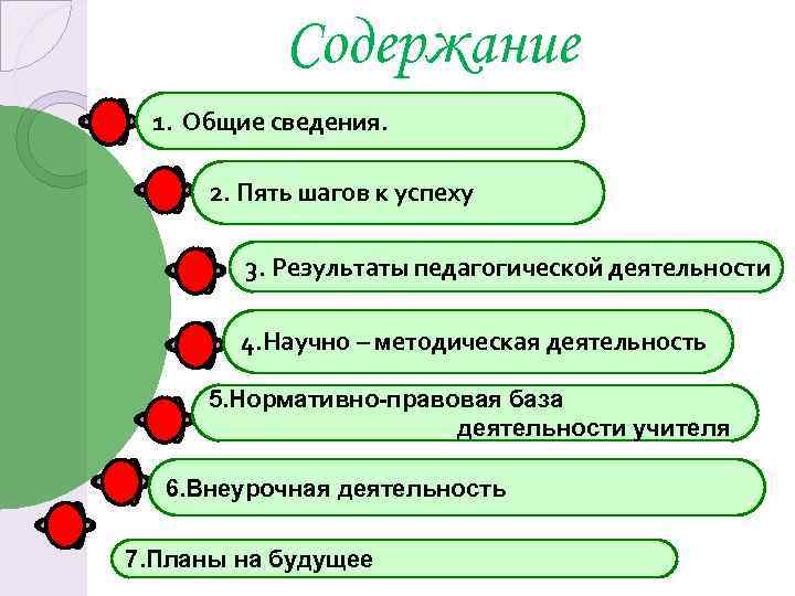 Содержание 1. Общие сведения. 2. Пять шагов к успеху 3. Результаты педагогической деятельности 4.