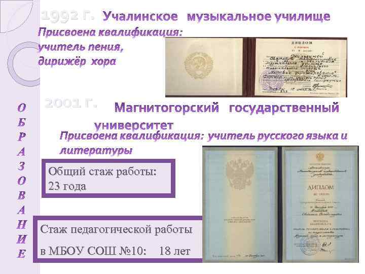 1992 г. 2001 г. Общий стаж работы: 23 года Стаж педагогической работы в МБОУ