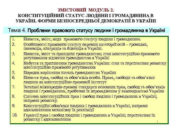 ЗМІСТОВИЙ МОДУЛЬ 2. КОНСТИТУЦІЙНИЙ СТАТУС ЛЮДИНИ І ГРОМАДЯНИНА В УКРАЇНІ. ФОРМИ БЕЗПОСЕРЕДНЬОЇ ДЕМОКРАТІЇ В