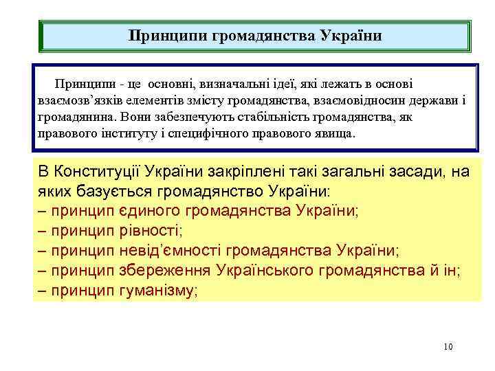 Принципи громадянства України Принципи - це основні, визначальні ідеї, які лежать в основі взаємозв’язків