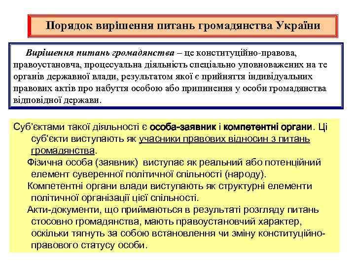 Порядок вирішення питань громадянства України Вирішення питань громадянства – це конституційно-правова, правоустановча, процесуальна діяльність