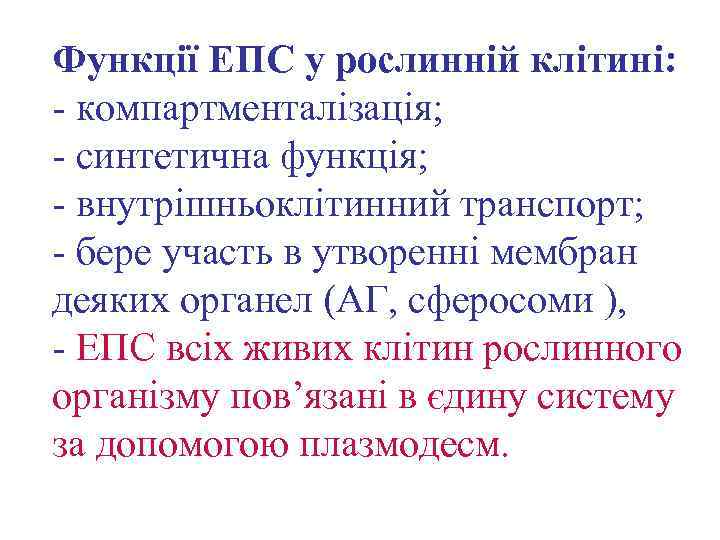 Функції ЕПС у рослинній клітині: - компартменталізація; - синтетична функція; - внутрішньоклітинний транспорт; -