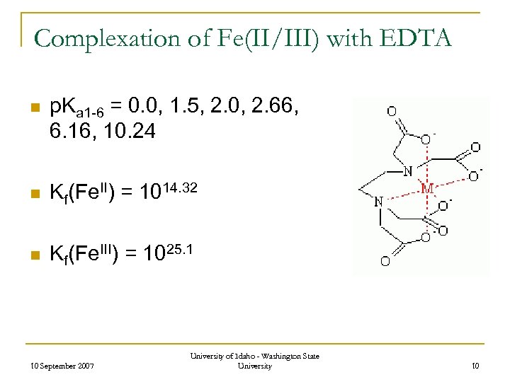 Complexation of Fe(II/III) with EDTA n p. Ka 1 -6 = 0. 0, 1.