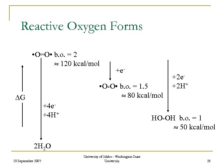 Reactive Oxygen Forms • O=O • b. o. = 2 120 kcal/mol +e- •