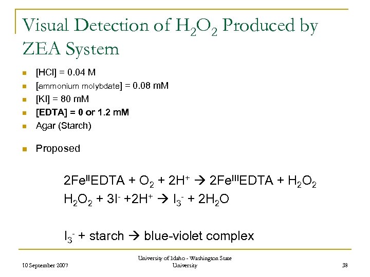 Visual Detection of H 2 O 2 Produced by ZEA System n [HCl] =
