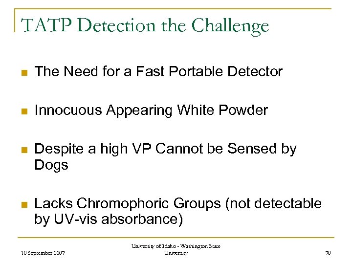 TATP Detection the Challenge n The Need for a Fast Portable Detector n Innocuous