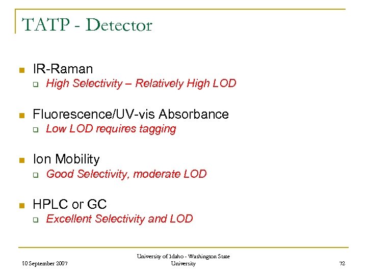 TATP - Detector n IR-Raman q n Fluorescence/UV-vis Absorbance q n Low LOD requires