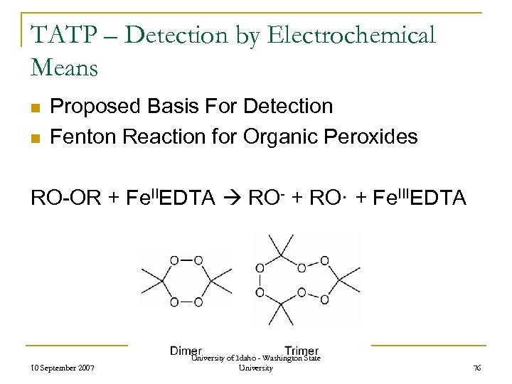 TATP – Detection by Electrochemical Means n n Proposed Basis For Detection Fenton Reaction