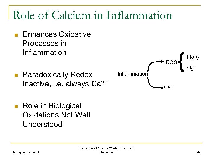 Role of Calcium in Inflammation n Enhances Oxidative Processes in Inflammation ROS n n