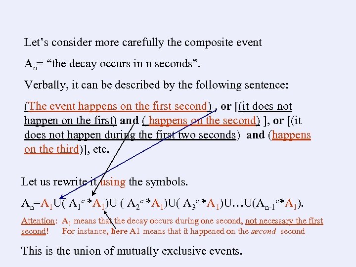 Let’s consider more carefully the composite event An= “the decay occurs in n seconds”.