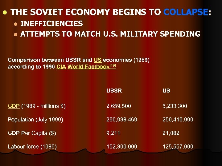 l THE SOVIET ECONOMY BEGINS TO COLLAPSE: INEFFICIENCIES l ATTEMPTS TO MATCH U. S.
