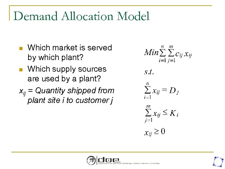 Demand Allocation Model Which market is served by which plant? n Which supply sources