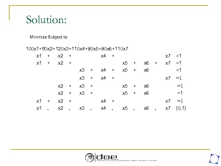 Solution: Minimize Subject to: 100 x 1+80 x 2+120 x 3+110 x 4+90 x