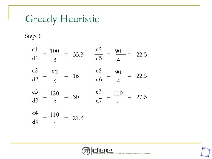 Greedy Heuristic Step 3: c 1 100 = = 33. 3 d 1 3