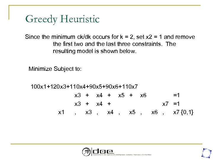 Greedy Heuristic Since the minimum ck/dk occurs for k = 2, set x 2