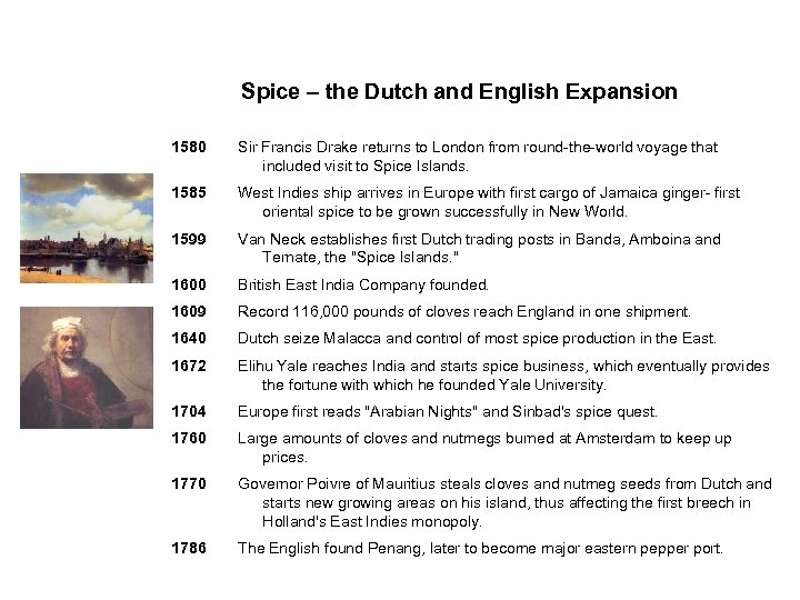 Spice – the Dutch and English Expansion 1580 Sir Francis Drake returns to London