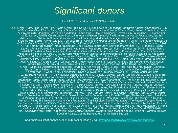 Significant donors As of 1/2013, our donors of $5, 000 + include: Jack O’Neill,