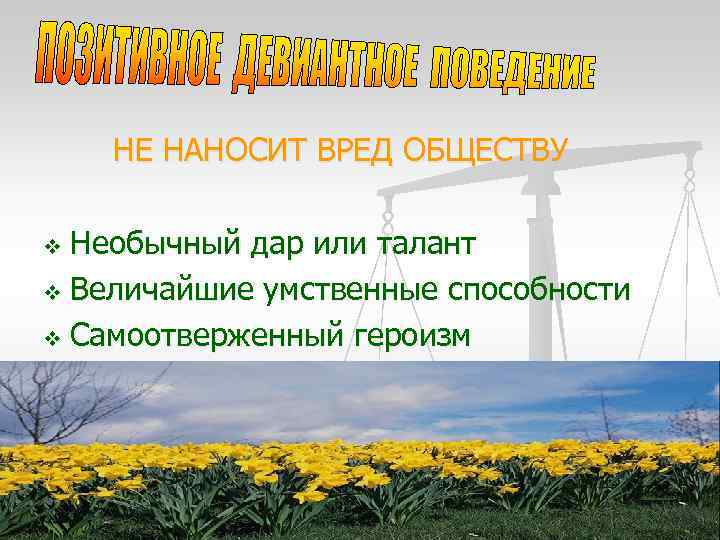 НЕ НАНОСИТ ВРЕД ОБЩЕСТВУ Необычный дар или талант v Величайшие умственные способности v Самоотверженный