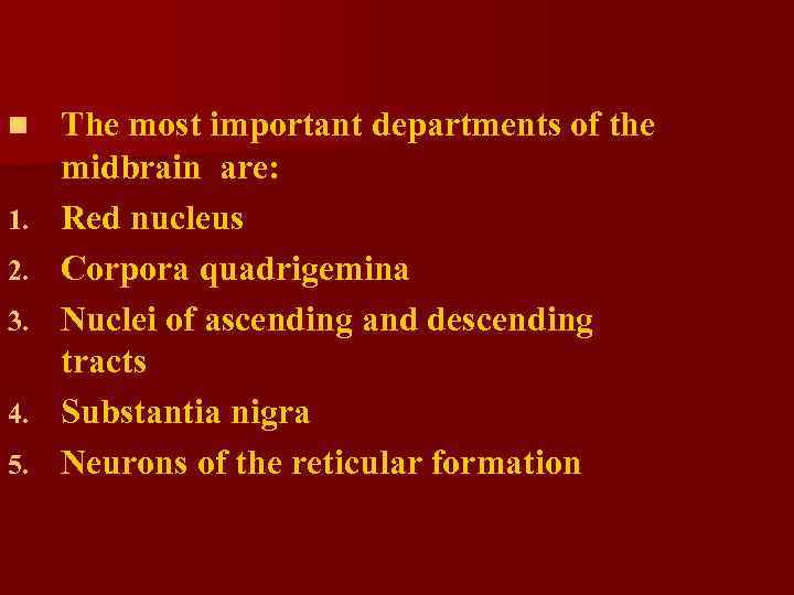 n 1. 2. 3. 4. 5. The most important departments of the midbrain are: