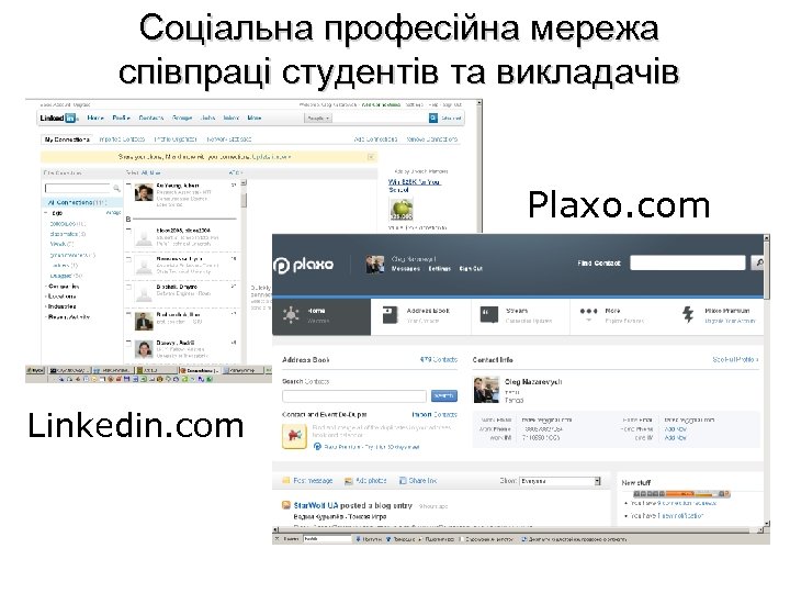 Соціальна професійна мережа співпраці студентів та викладачів Plaxo. com Linkedin. com 