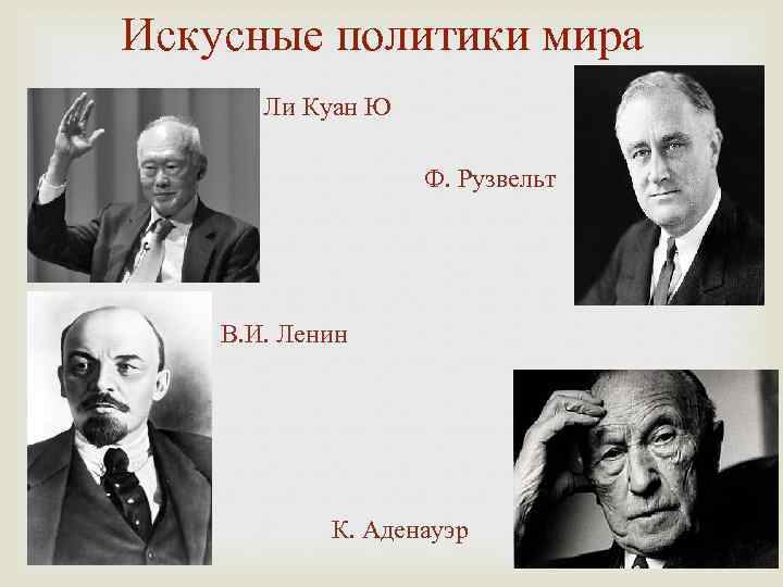 Искусные политики мира Ли Куан Ю Ф. Рузвельт В. И. Ленин К. Аденауэр 