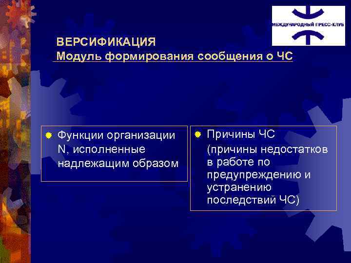 ВЕРСИФИКАЦИЯ Модуль формирования сообщения о ЧС ® Функции организации N, исполненные надлежащим образом ®