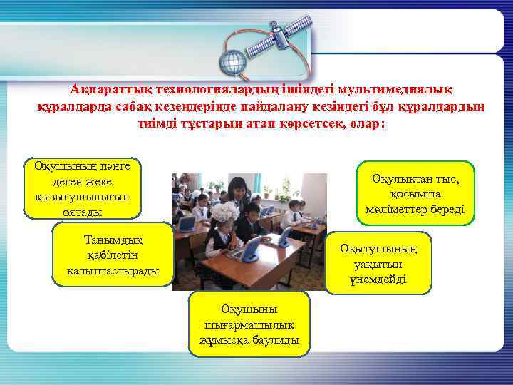 Ақпараттық технологиялардың ішіндегі мультимедиялық құралдарда сабақ кезеңдерінде пайдалану кезіндегі бұл құралдардың тиімді тұстарын атап
