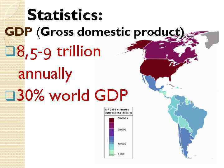 Statistics: GDP (Gross domestic product) q 8, 5 -9 trillion annually q 30% world