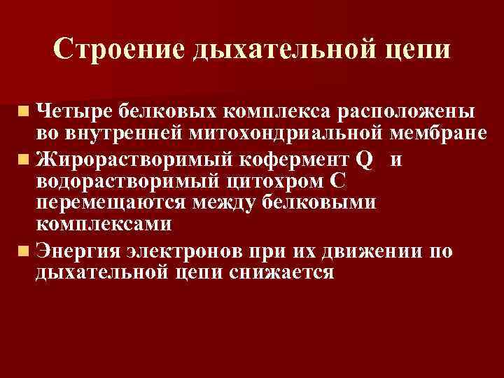Строение дыхательной цепи n Четыре белковых комплекса расположены во внутренней митохондриальной мембране n Жирорастворимый
