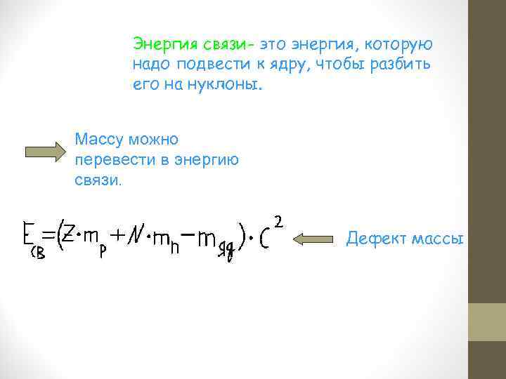 Энергия связи- это энергия, которую надо подвести к ядру, чтобы разбить его на нуклоны.