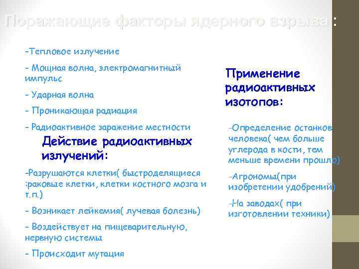 Поражающие факторы ядерного взрыва : -Тепловое излучение - Мощная волна, электромагнитный импульс - Ударная