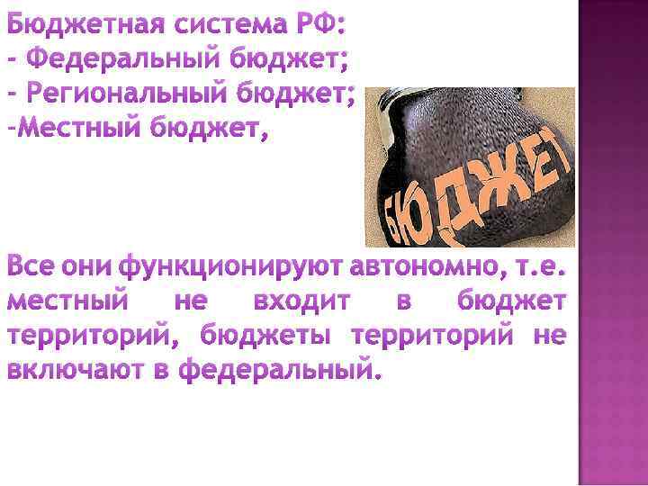 Бюджетная система РФ: - Федеральный бюджет; - Региональный бюджет; -Местный бюджет, Все они функционируют