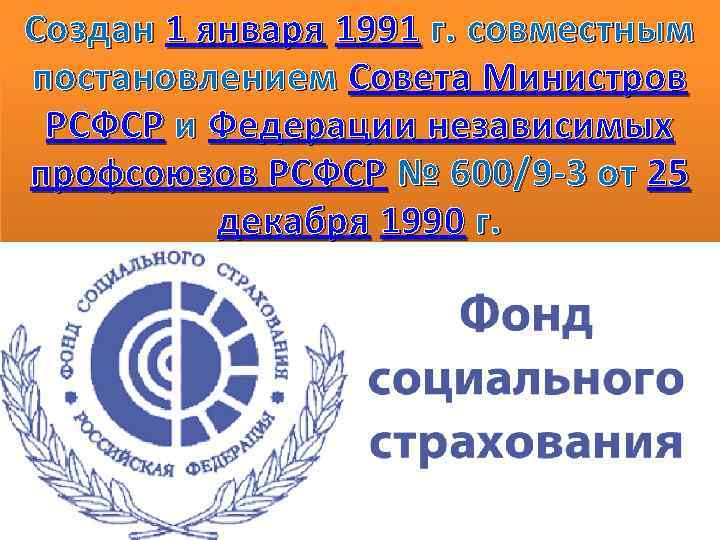 Создан 1 января 1991 г. совместным постановлением Совета Министров РСФСР и Федерации независимых профсоюзов