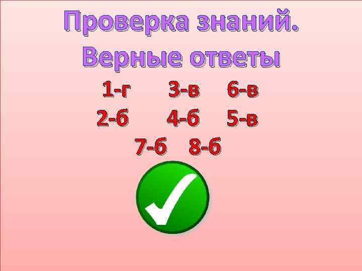 Проверка знаний. Верные ответы 1 -г 3 -в 6 -в 2 -б 4 -б