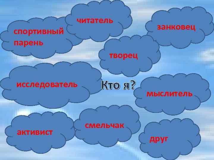 спортивный парень читатель занковец творец исследователь активист Кто я? мыслитель смельчак друг 