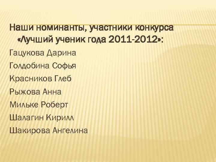Наши номинанты, участники конкурса «Лучший ученик года 2011 -2012» : Гацукова Дарина Голдобина Софья