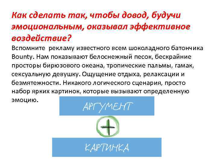 Как сделать так, чтобы довод, будучи эмоциональным, оказывал эффективное воздействие? Вспомните рекламу известного всем