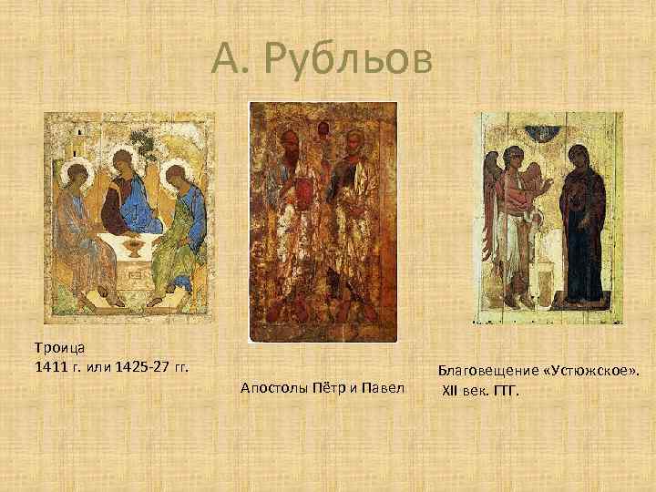 А. Рубльов Троица 1411 г. или 1425 -27 гг. Апостолы Пётр и Павел Благовещение