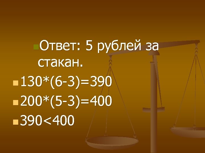 n. Ответ: 5 рублей за стакан. n 130*(6 -3)=390 n 200*(5 -3)=400 n 390<400