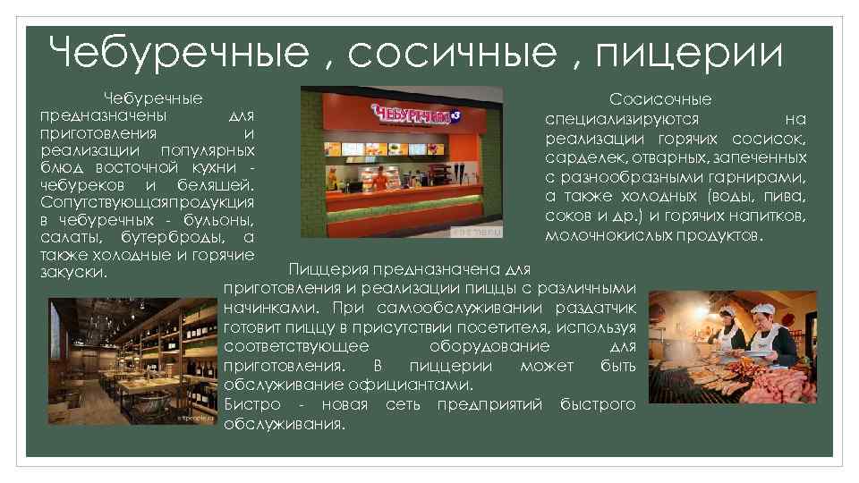 Чебуречные , сосичные , пицерии Чебуречные Сосисочные предназначены для специализируются на приготовления и реализации