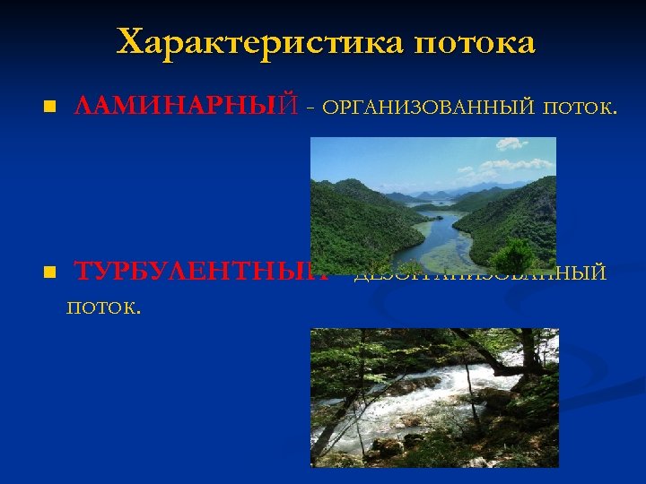 Характеристика потока n n ЛАМИНАРНЫЙ - ОРГАНИЗОВАННЫЙ поток. ТУРБУЛЕНТНЫЙ - ДЕЗОРГАНИЗОВАННЫЙ поток. 