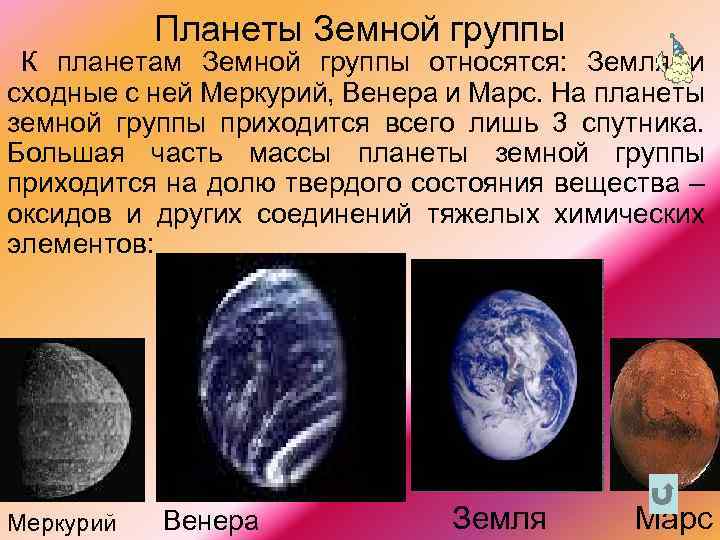Планеты Земной группы К планетам Земной группы относятся: Земля и сходные с ней Меркурий,