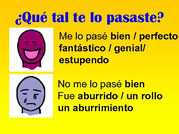 ¿Qué tal te lo pasaste? Me lo pasé bien / perfecto fantástico / genial/