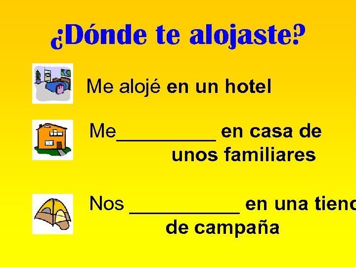 ¿Dónde te alojaste? Me alojé en un hotel Me_____ en casa de unos familiares